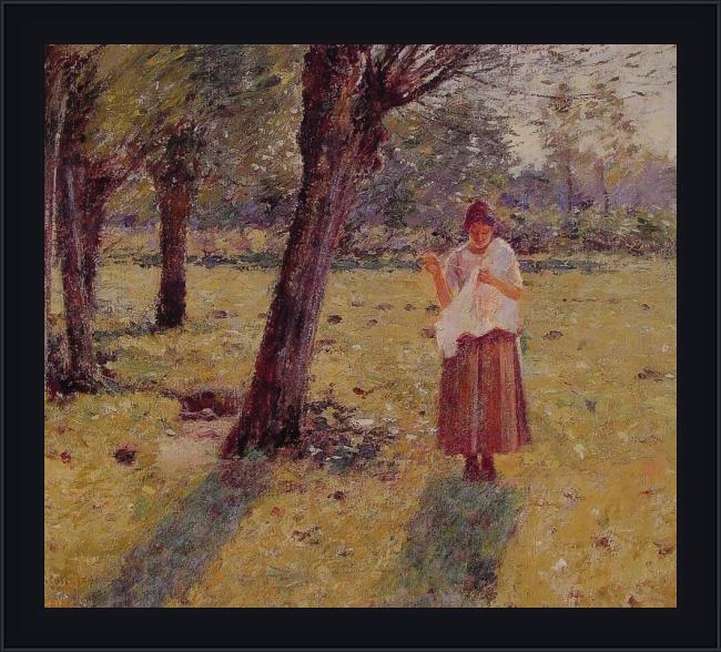 Framed Theodore Robinson girl sewing painting