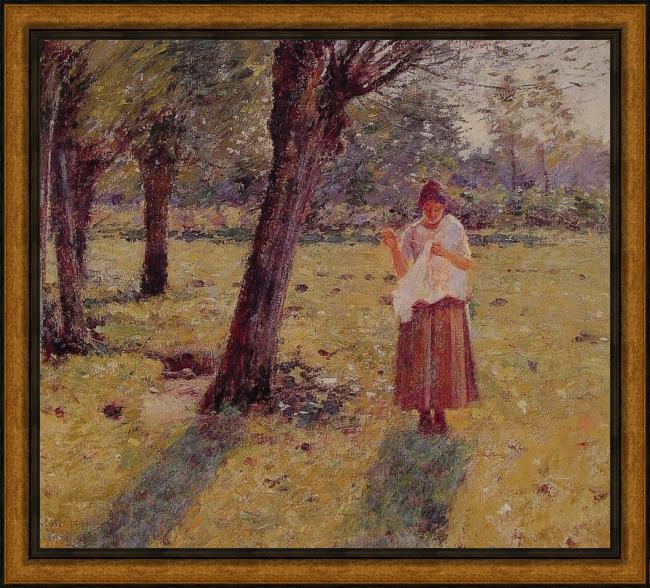 Framed Theodore Robinson girl sewing painting