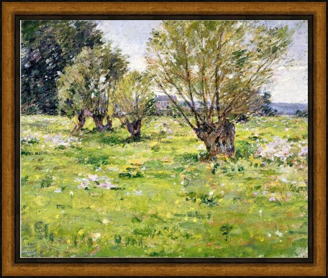 Framed Theodore Robinson willows and wildflowers painting