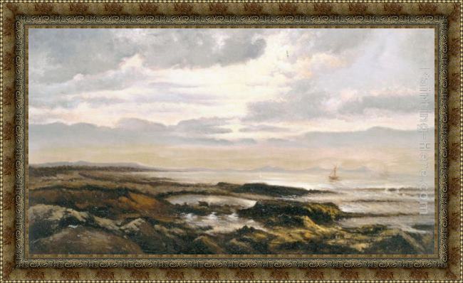 Framed Theodore Rousseau seascape with a boat on the horizon painting