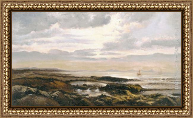 Framed Theodore Rousseau seascape with a boat on the horizon painting