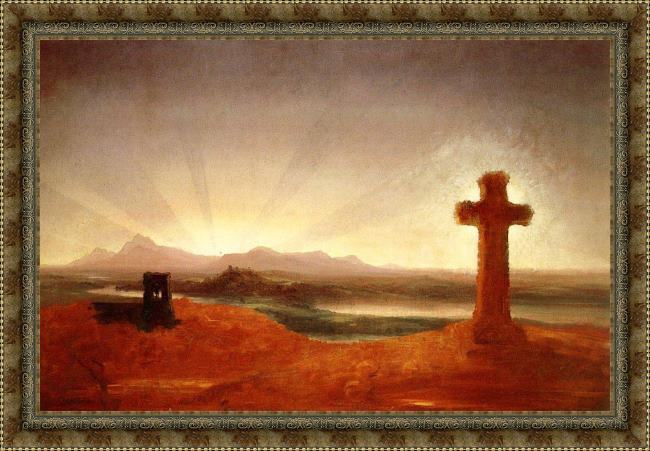 Framed Thomas Cole cross at sunset painting