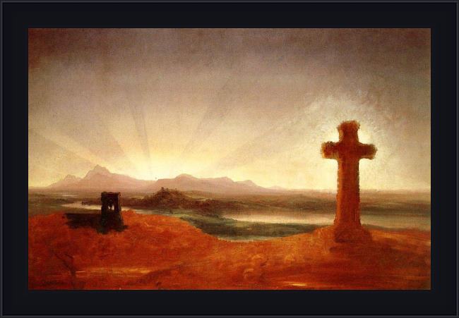 Framed Thomas Cole cross at sunset painting