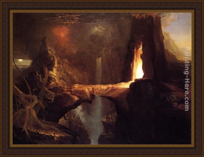 Framed Thomas Cole expulsion moon and firelight painting