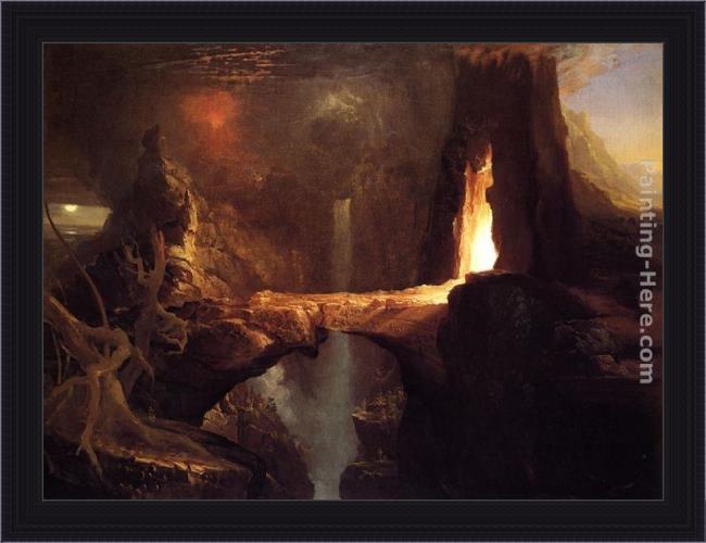 Framed Thomas Cole expulsion moon and firelight painting