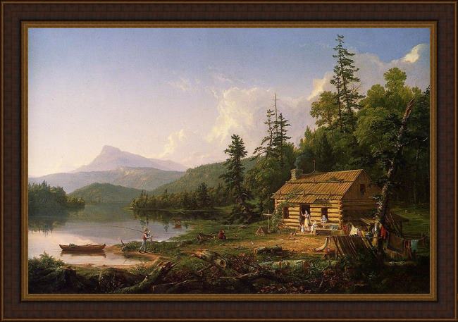 Framed Thomas Cole home in the woods painting