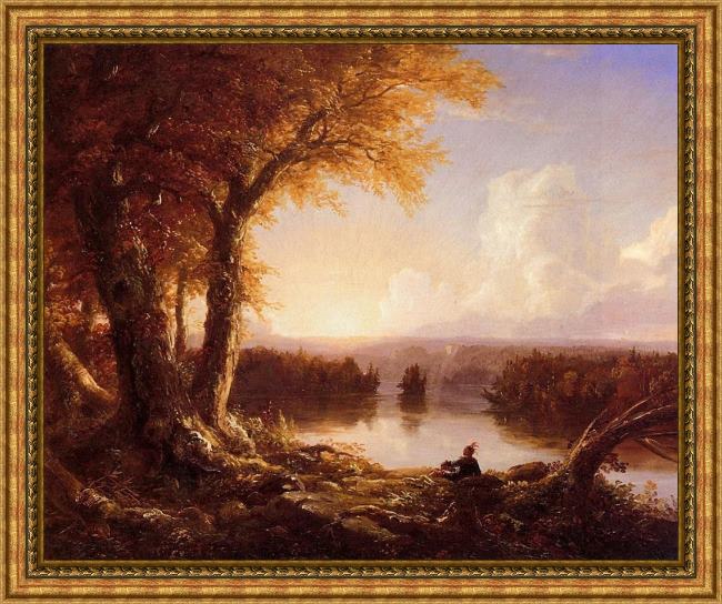 Framed Thomas Cole indian at sunset painting