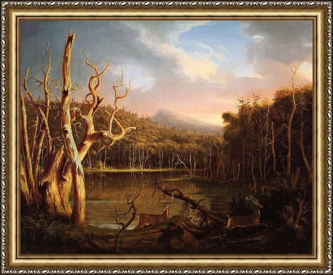 Framed Thomas Cole lake with dead trees (catskill) painting