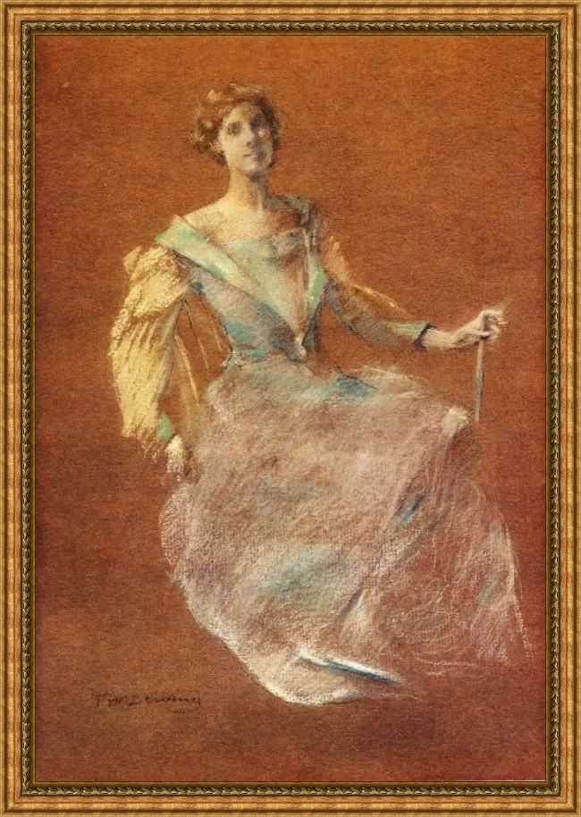 Framed Thomas Dewing lady in blue painting