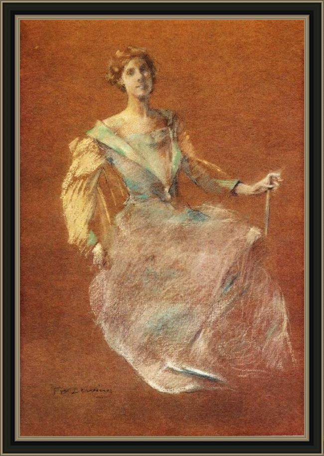 Framed Thomas Dewing lady in blue painting
