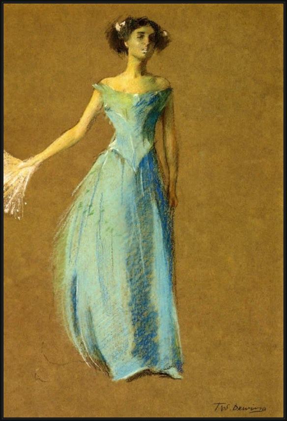 Framed Thomas Dewing lady in blue portrait of annie lazarus painting