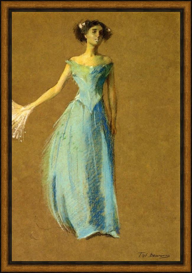 Framed Thomas Dewing lady in blue portrait of annie lazarus painting