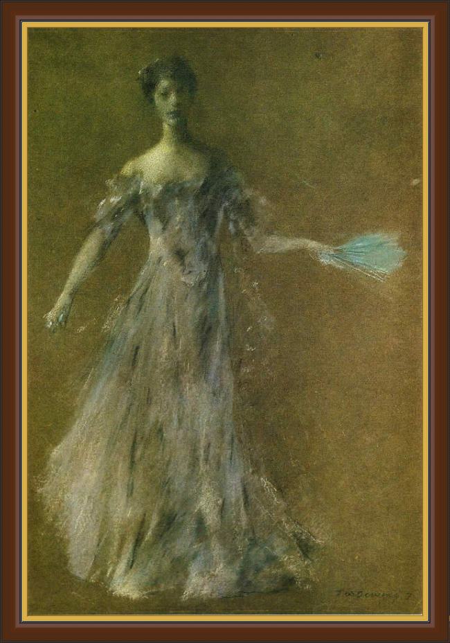 Framed Thomas Dewing lady in lavender dress painting