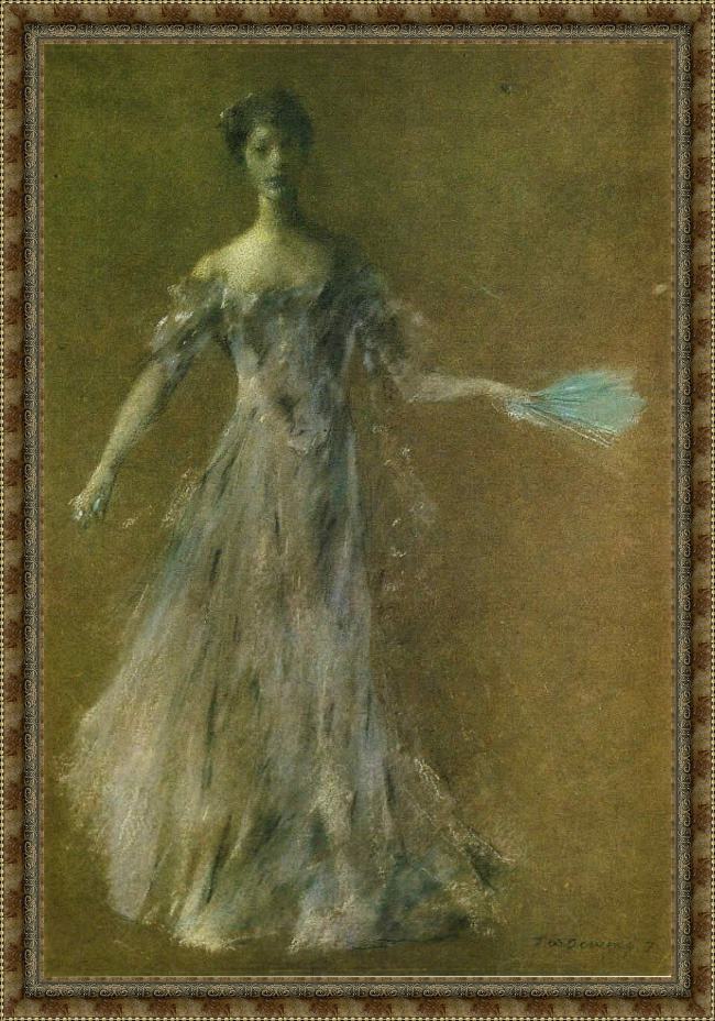 Framed Thomas Dewing lady in lavender dress painting