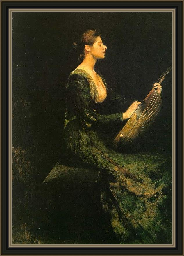 Framed Thomas Dewing lady with a lute painting