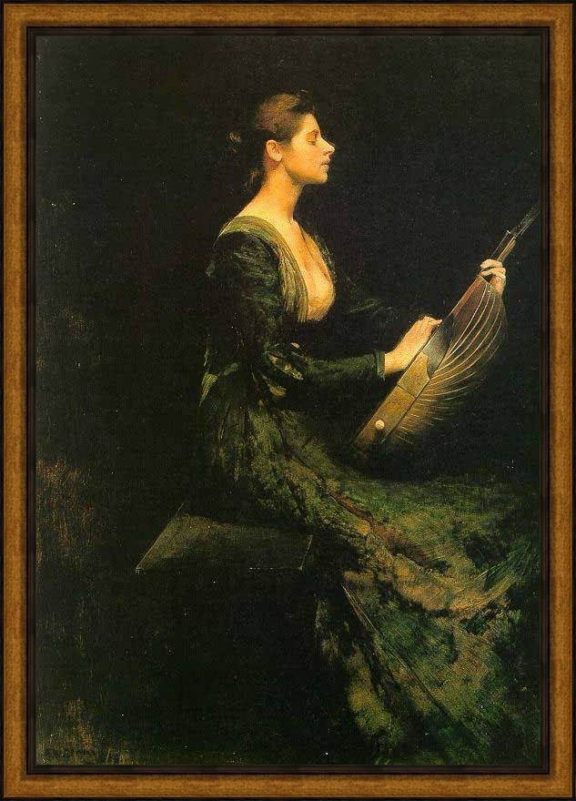 Framed Thomas Dewing lady with a lute painting
