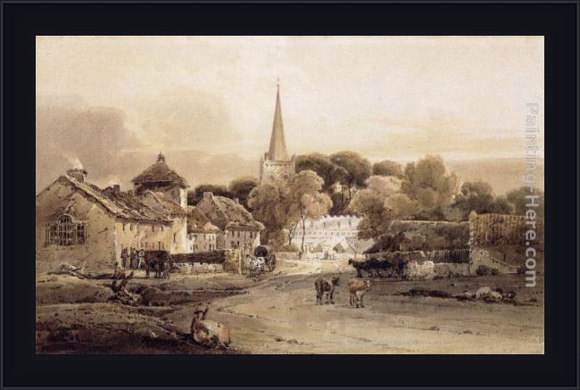 Framed Thomas Girtin village street and church spire painting
