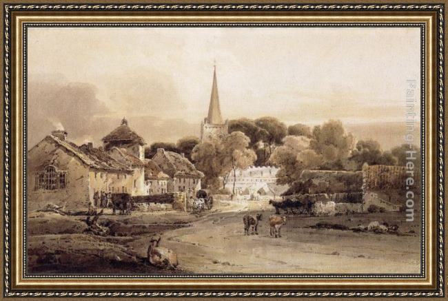 Framed Thomas Girtin village street and church spire painting