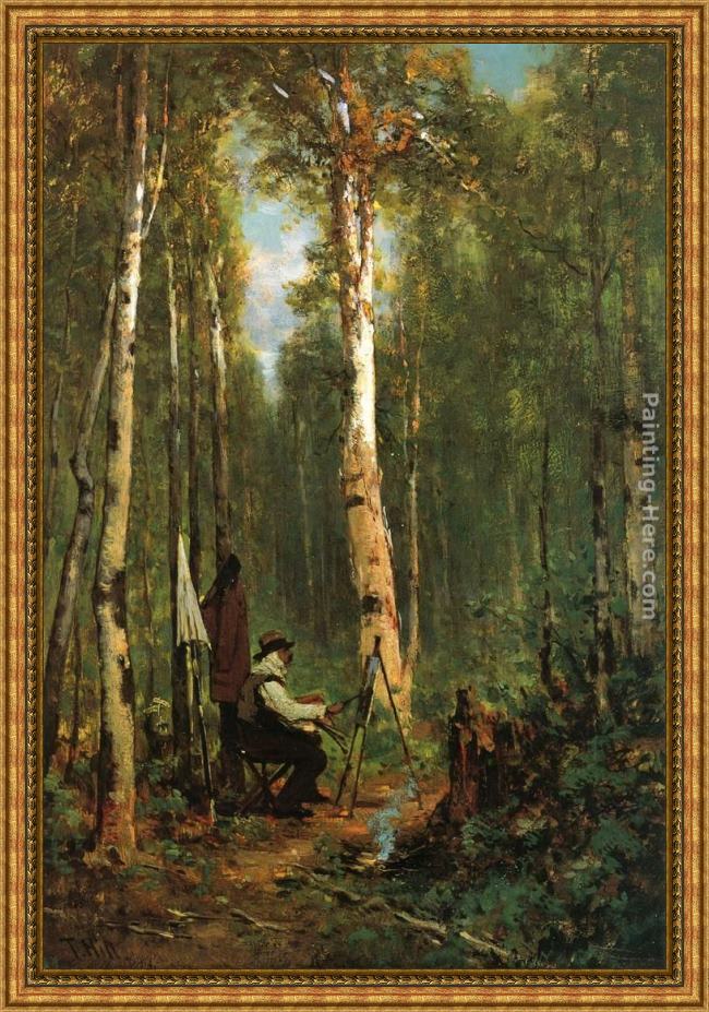 Framed Thomas Hill artist at his easel in the woods painting