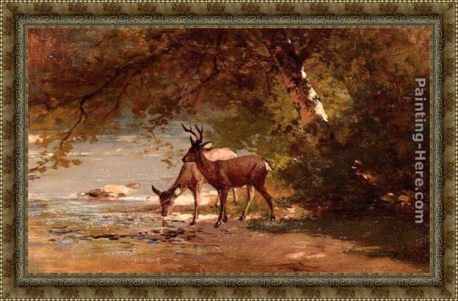 Framed Thomas Hill deer in a landscape painting
