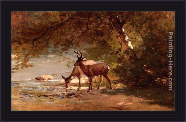 Framed Thomas Hill deer in a landscape painting
