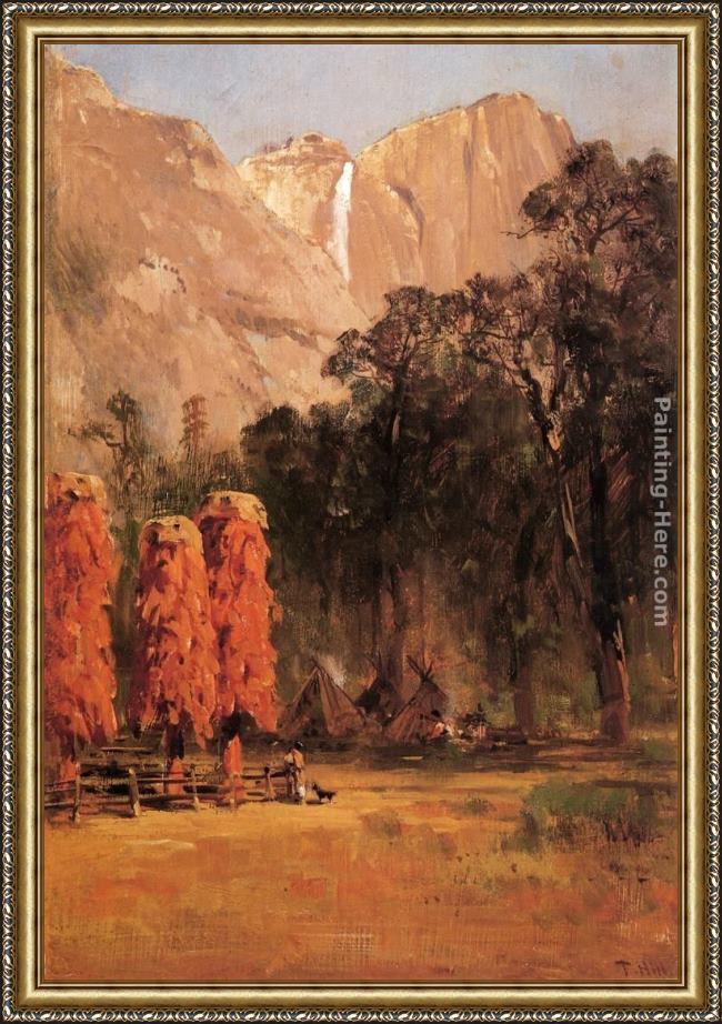Framed Thomas Hill indian camp, yosemite painting