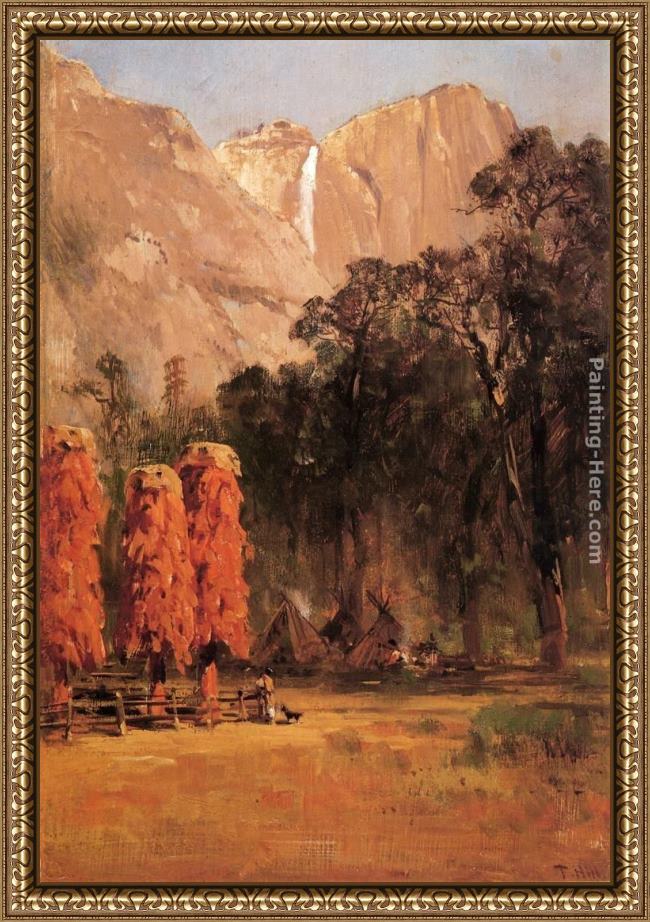 Framed Thomas Hill indian camp, yosemite painting