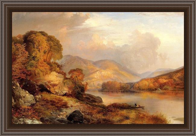 Framed Thomas Moran autumn landscape painting