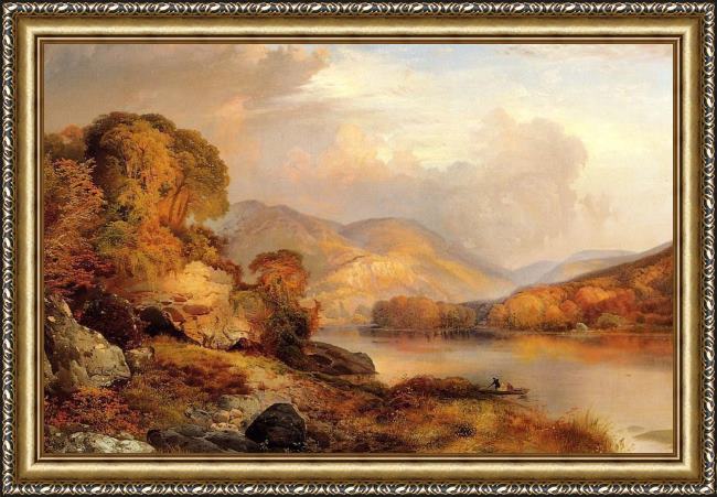 Framed Thomas Moran autumn landscape painting