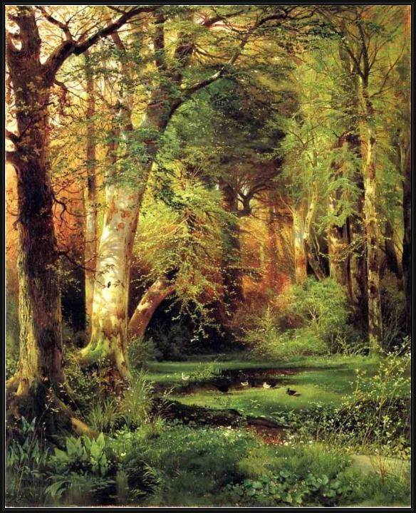 Framed Thomas Moran forest scene painting