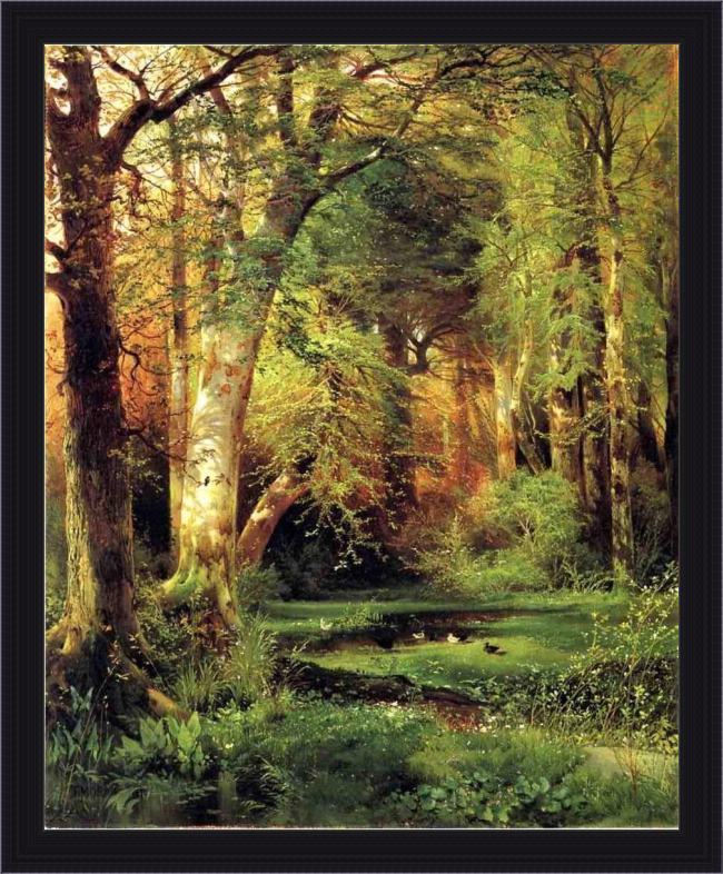Framed Thomas Moran forest scene painting