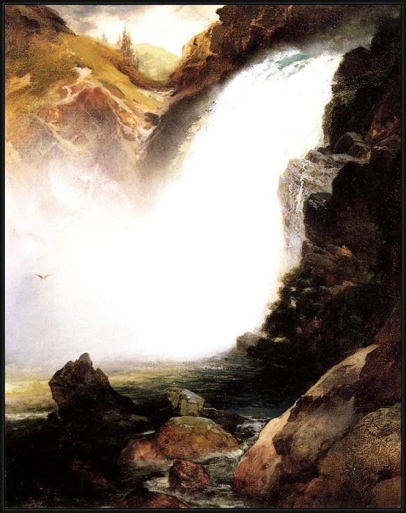 Framed Thomas Moran landscape with waterfall painting