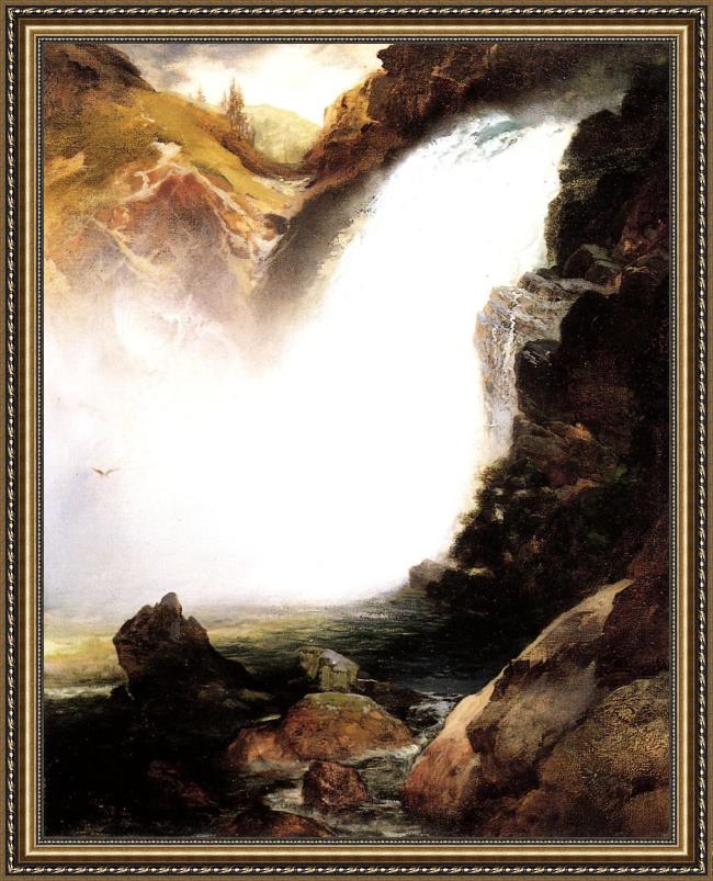 Framed Thomas Moran landscape with waterfall painting