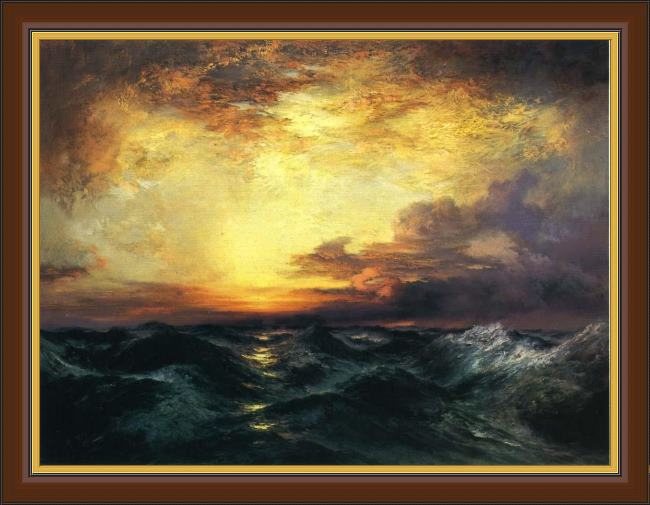 Framed Thomas Moran pacific sunset painting