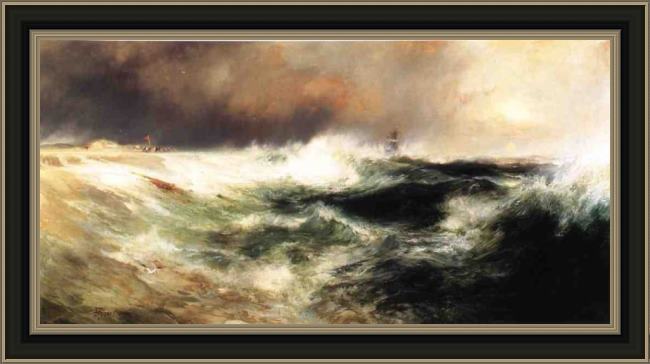 Framed Thomas Moran stranded ship on east hampton beach painting