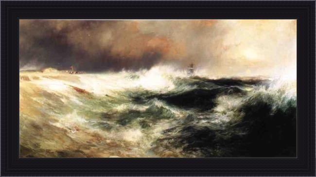 Framed Thomas Moran stranded ship on east hampton beach painting