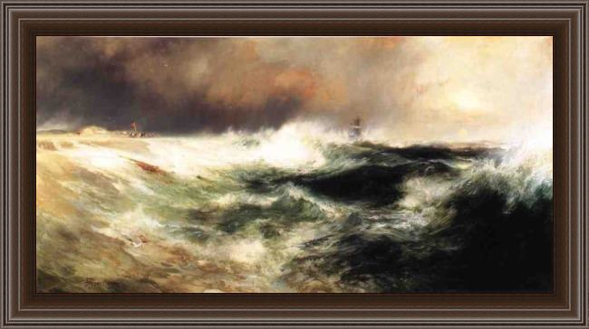 Framed Thomas Moran stranded ship on east hampton beach painting