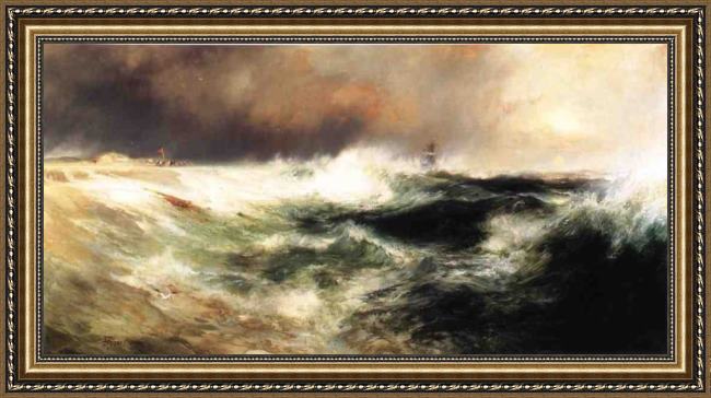 Framed Thomas Moran stranded ship on east hampton beach painting