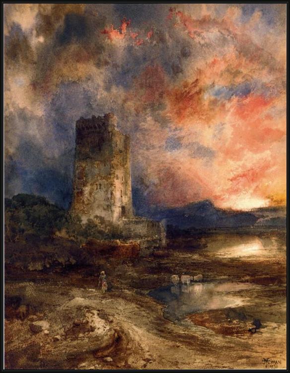 Framed Thomas Moran sunset on the moor painting