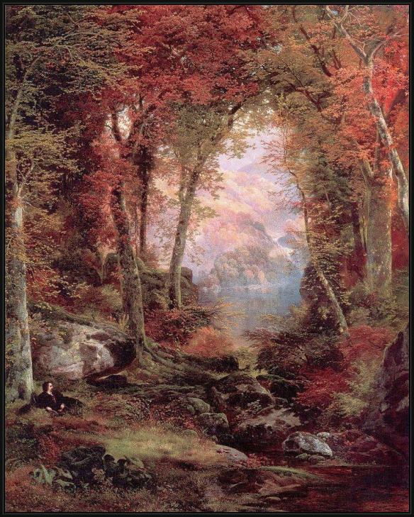 Framed Thomas Moran the autumnal woods under the trees painting