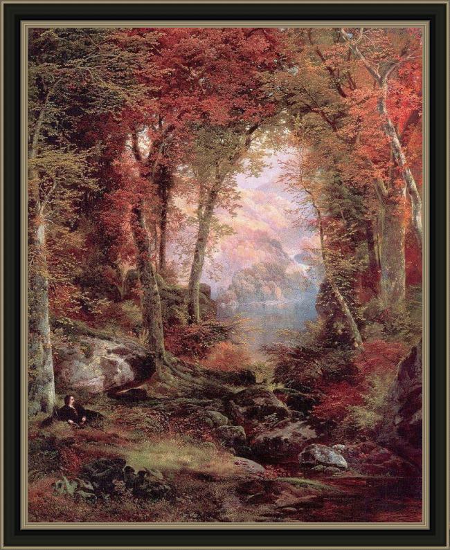 Framed Thomas Moran the autumnal woods under the trees painting