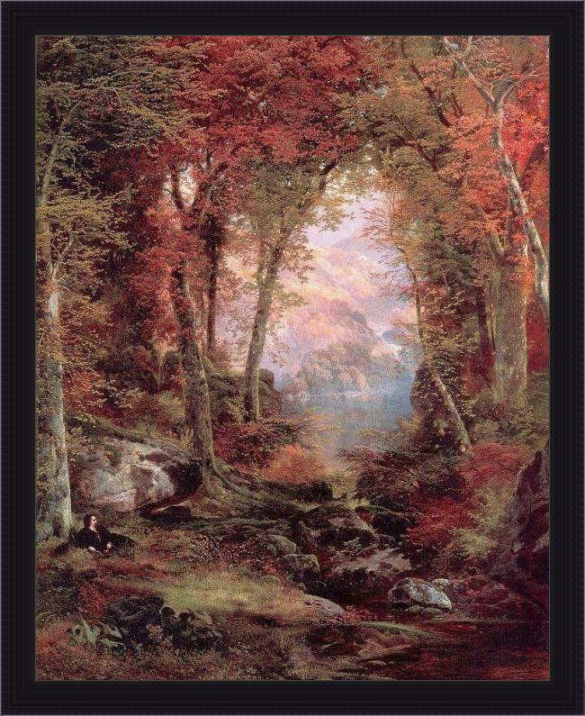 Framed Thomas Moran the autumnal woods under the trees painting