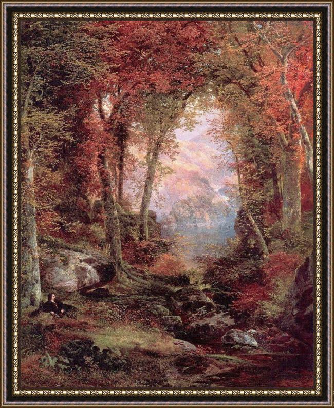 Framed Thomas Moran the autumnal woods under the trees painting