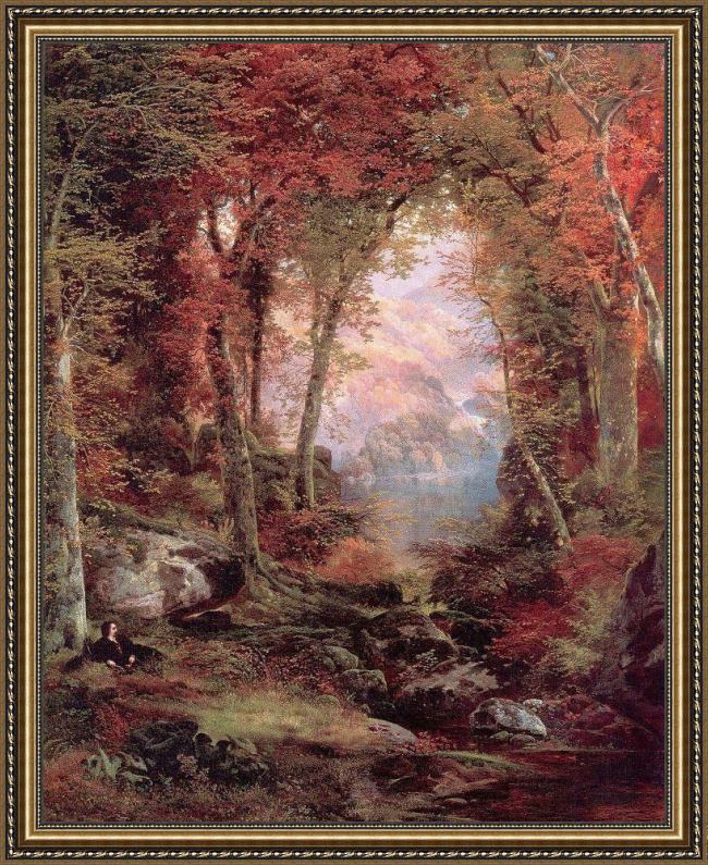 Framed Thomas Moran the autumnal woods under the trees painting