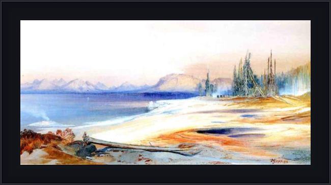 Framed Thomas Moran the yellowstone lake with hot springs painting