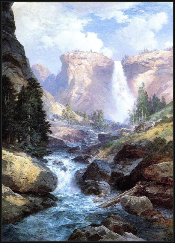 Framed Thomas Moran waterfall in yosemite painting