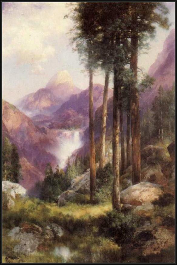 Framed Thomas Moran yosemite valley vernal falls painting