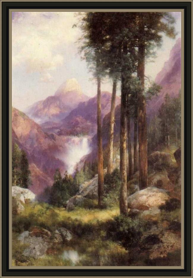 Framed Thomas Moran yosemite valley vernal falls painting
