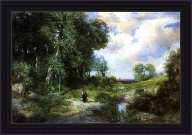 Framed Thomas Moran young girl in a long island landscape painting