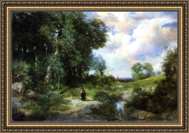 Framed Thomas Moran young girl in a long island landscape painting